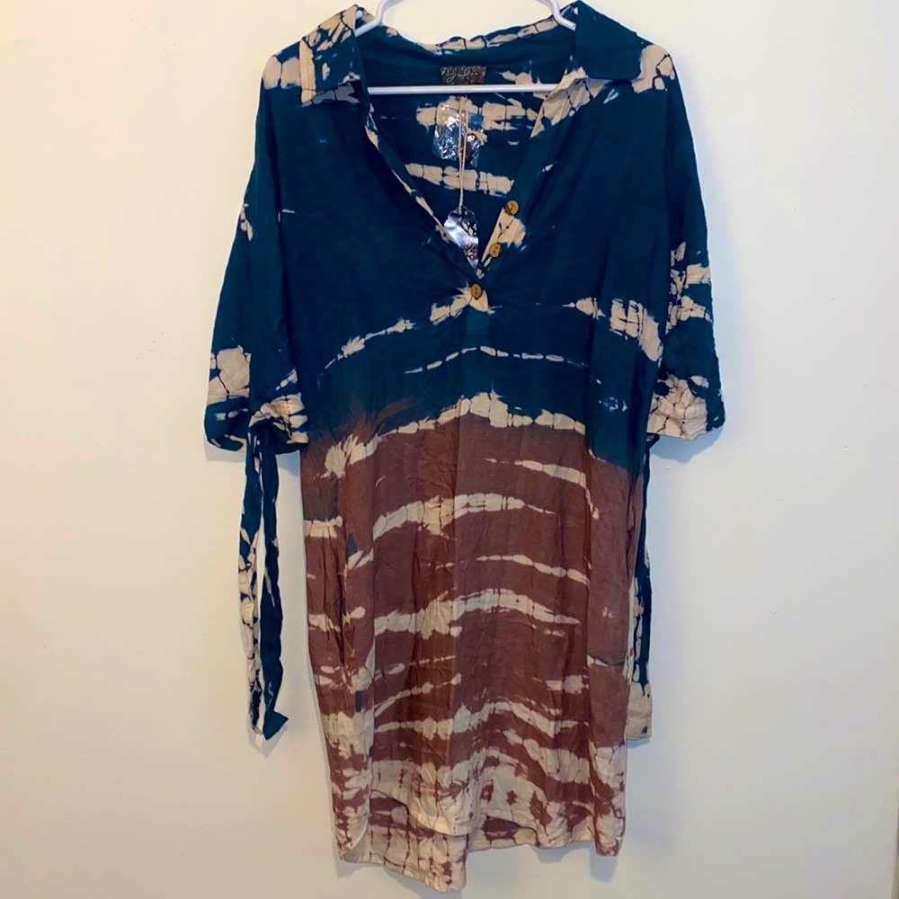 Medium J.Gee Vintage Teal Brown Tie Dye 3/4 Sleeve Collar Tunic With Buttons